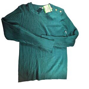 Anne Klein Botanical Green Ribbed Sweater Gold Button Accents Womens Size L